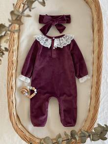 两件套新生女宝宝抓绒连体衣，蕾丝边饰，长袖连脚连体衣，含发带，优雅公主风，秋冬款 - 紫色 - 查看 2