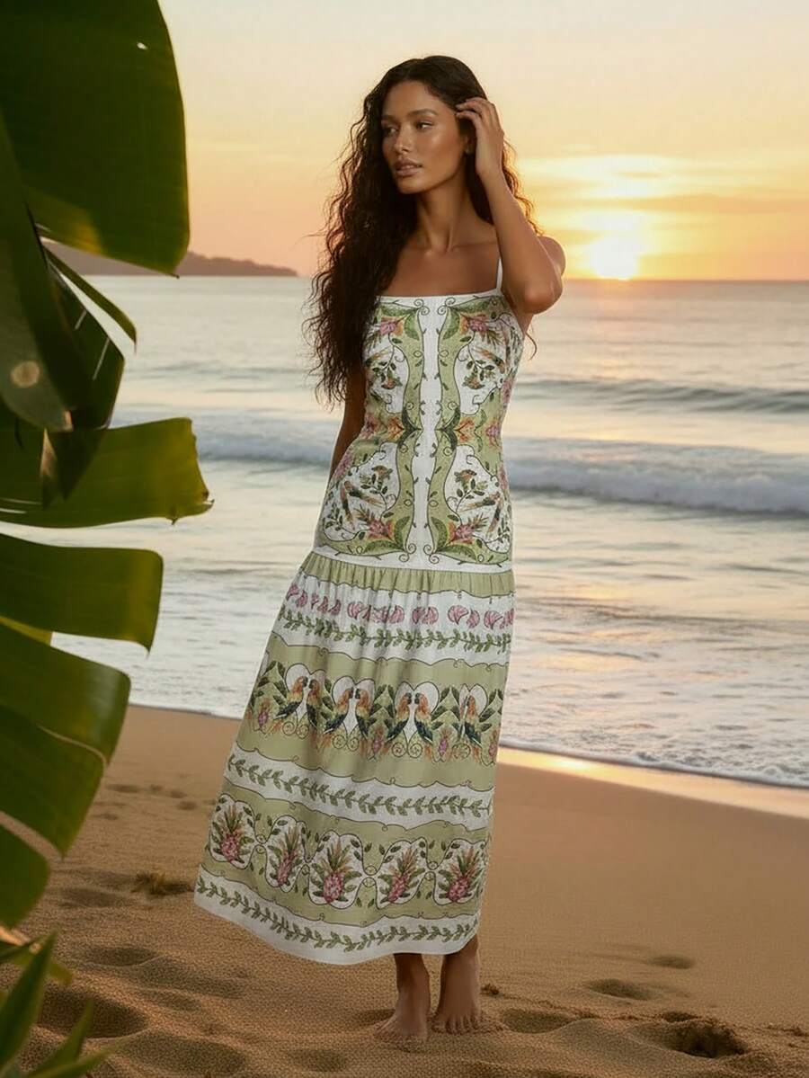 CAJUNI 热带梦幻印花休闲吊带连衣裙。 - 彩色 - 查看 1
