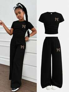 SHEIN Tween Girls Leopard Bow Print Short Sleeve T-Shirt & Long Pants 2 Pieces Set, Casual Daily Fashion Matching Outfit Teen 2 Pieces Pants Set Girls Ribbed Set Girls Pants And Top Flare Pants Set Kids Girls Wide Leg Pants Set - Black - View 1