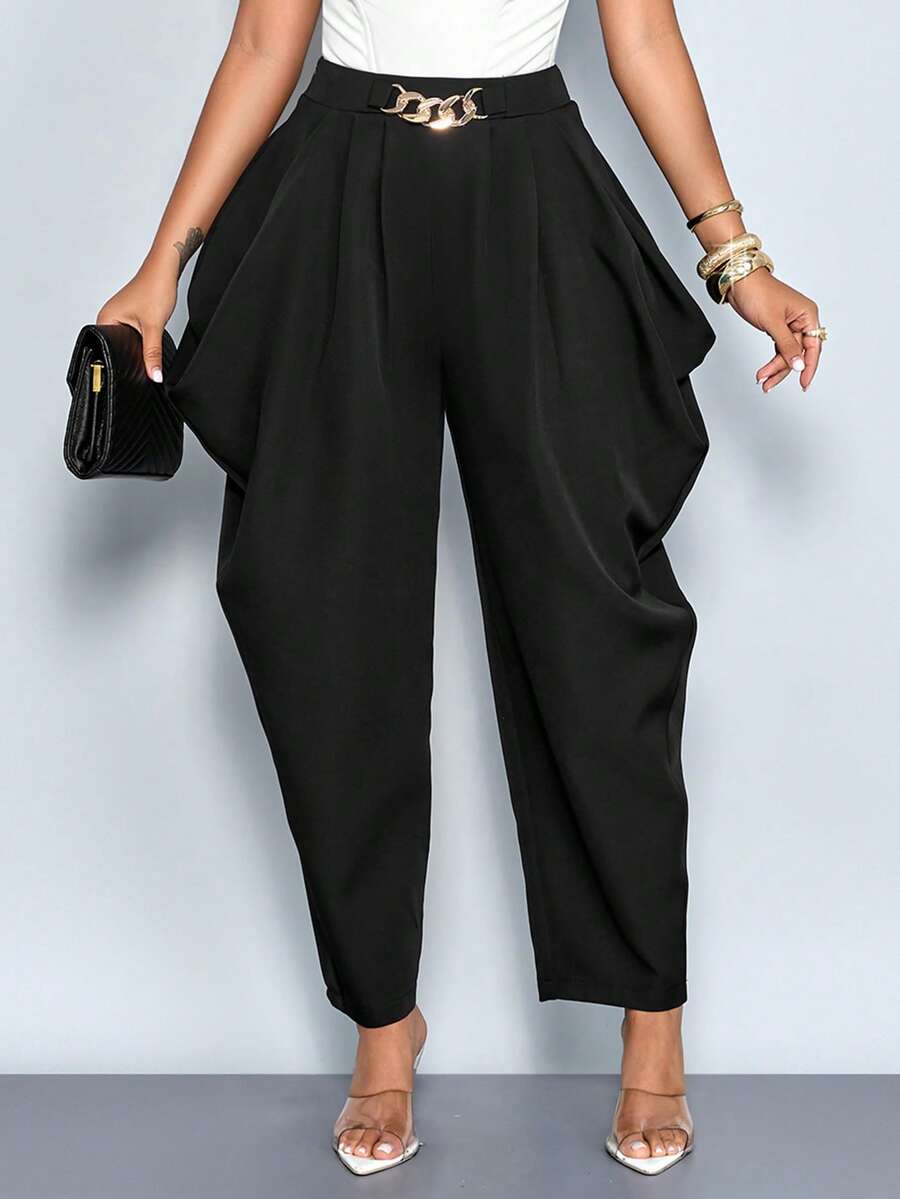 SOLERSUN 女士时尚休闲优雅宽松褶裥口袋纯色腰带细节西装裤通勤日常百搭四季 - 黑色 - 查看 1