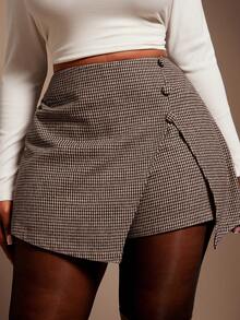 Radiana Plus Size Women's Vintage Unique Brown Houndstooth Woolen Fabric High Waist Shorts/Mini Skirt,Skort, Maillard Color, Business Casual Bottoms Suitable For Leisure, Commute, Office, Party, Autumn/Winter Brown Shorts Women Leather Shorts Women,Spring To Summer, - Brown - View 8
