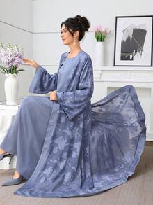 SHEIN Najma 优雅缎面拼接提花面料女式长袍 - 藍色 - 查看 1