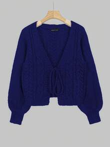 SHEIN Unity Casual Solid Color Lace-Up Cardigan, Autumn/Winter - Blue - View 3