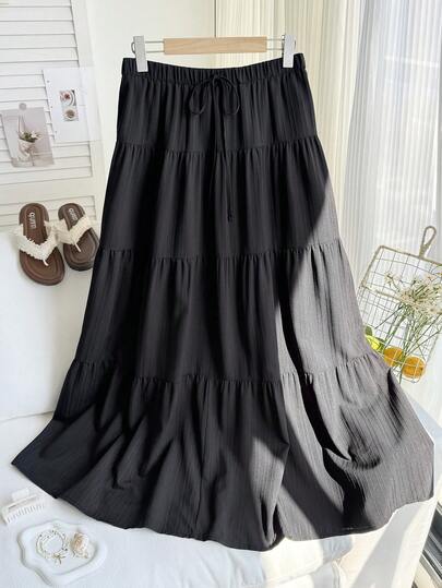 Comfortcana 大码休闲宽松松紧腰荷叶边下摆 A 字裙