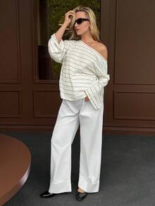 SHEIN Maternity Solid Color Casual Versatile Straight Leg Jeans White Women's Solid Elastic Waist Loose Lounge Straight Leg Pants White Wide Leg Pants White Pants Elastic Waist Trousers Minimalist Bottoms Elegant Long Pants Winter Spring Christmas New Year Thanksgiving Commuting Vacation Graduation Chic Y2k Cute Streetwear Party Wedding Elegant Business Casual Woman - White - View 8