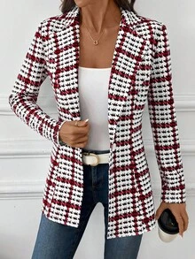 SHEIN Clasi Women's Elegant Plaid Blazer Jacket, Versatile Daily Wear Long Sleeve Blazer, Classic Checkered Jacket For Commuting, Autumn - Red - View 6