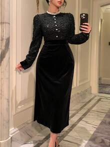 DAZY Elegant Sequin Petal Waist Cinching Black Dress For Women Prom Dress - Black - View 6