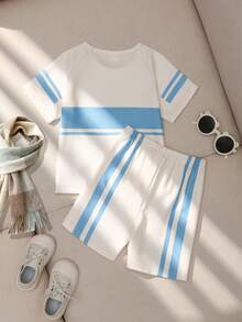 SHEIN Playful Pals 2 Stücke/Set Kleinkinder Jungen Lässig Kurzarm T-Shirt und Shorts Set - Babyblau - Übersicht 5