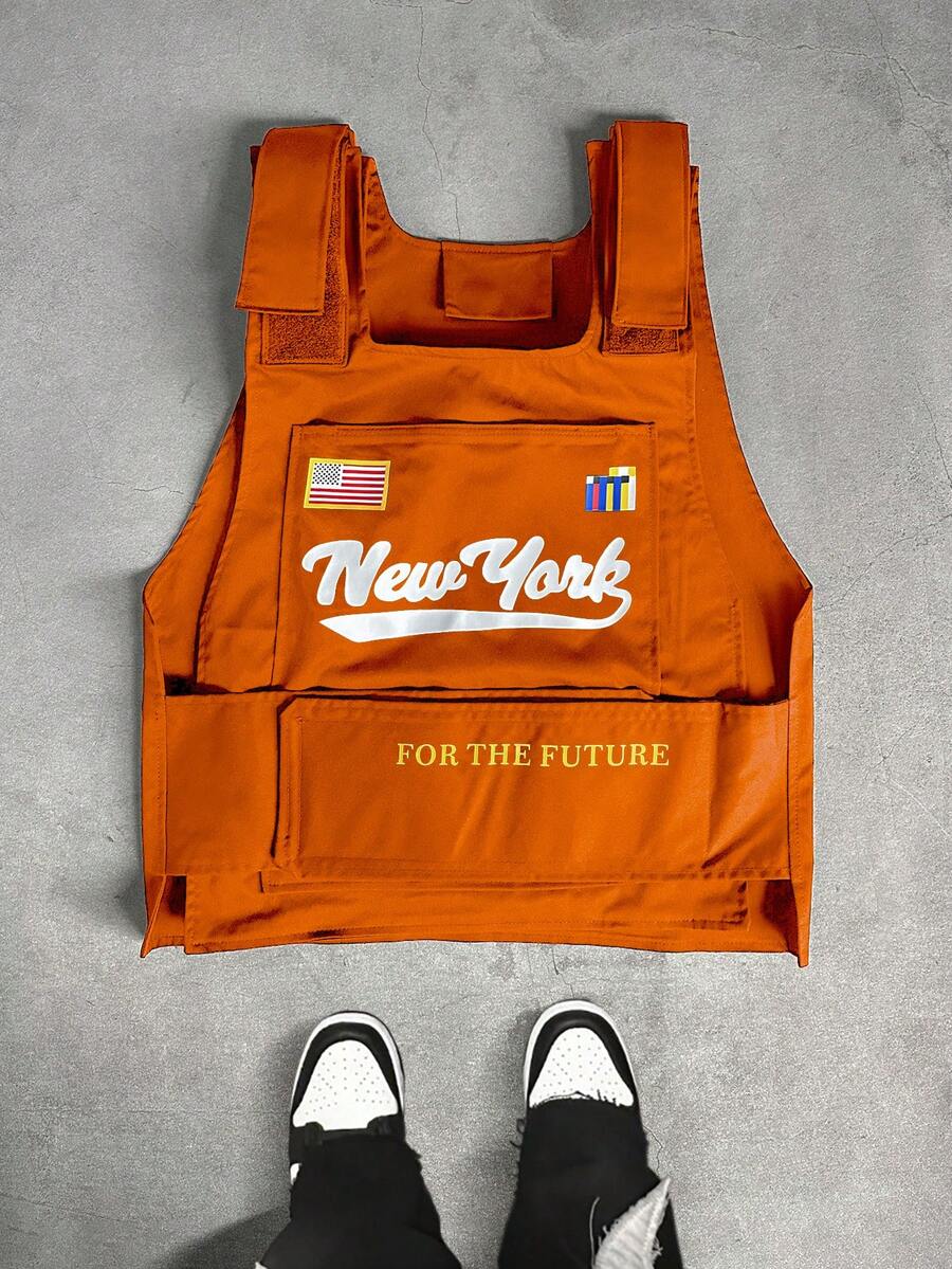PAVTROS Men's Fashion Letter Print Functional Vest Streetwear Clothes Orange Vest Men Y2k Men S Clothes New York Outfits - Orange - View 1