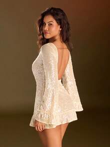 SHEIN ICON 女士复古波西米亚风图案V领露背系带不对称下摆连衣裙 - 彩色 - 查看 1