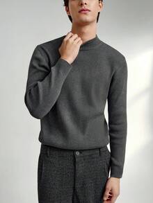 RONVEXI Herren einfarbiger Rundhals Langarm Lässig Pullover Sweater, Herbst/Winter - Dunkelgrau - Übersicht 2