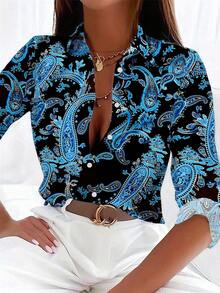EMERY ROSE 女士前开襟长袖印花简约休闲衬衫，适合日常穿着，波西米亚风女式衬衫，优雅波西米亚风女式衬衫，性感女式衬衫，女士衬衫和上衣 - 彩色 - 查看 1