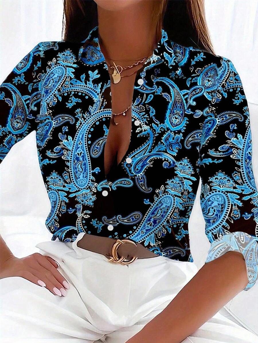 EMERY ROSE 女士前开襟长袖印花简约休闲衬衫，适合日常穿着，波西米亚风女式衬衫，优雅波西米亚风女式衬衫，性感女式衬衫，女士衬衫和上衣 - 彩色 - 查看 1