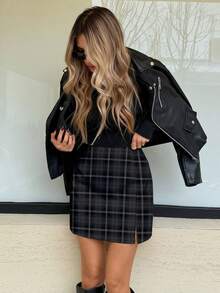 SHEIN LUNE Women's Elegant Slit Skirt, Suitable For Commuting And Casual Wear - Dark Grey - View 4