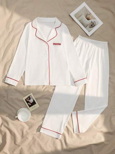  FamilyFrolics 2pcs Red & White Contrast Trim Collar Christmas Pajama Set, Comfortable & Soft, Family Matching Sleepwear