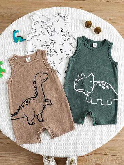 SHEIN 3pcs/Set Cute Dinosaur Print Sleeveless Romper & Shorts Set, Unisex Baby Boy/Girl Spring/Summer Clothes