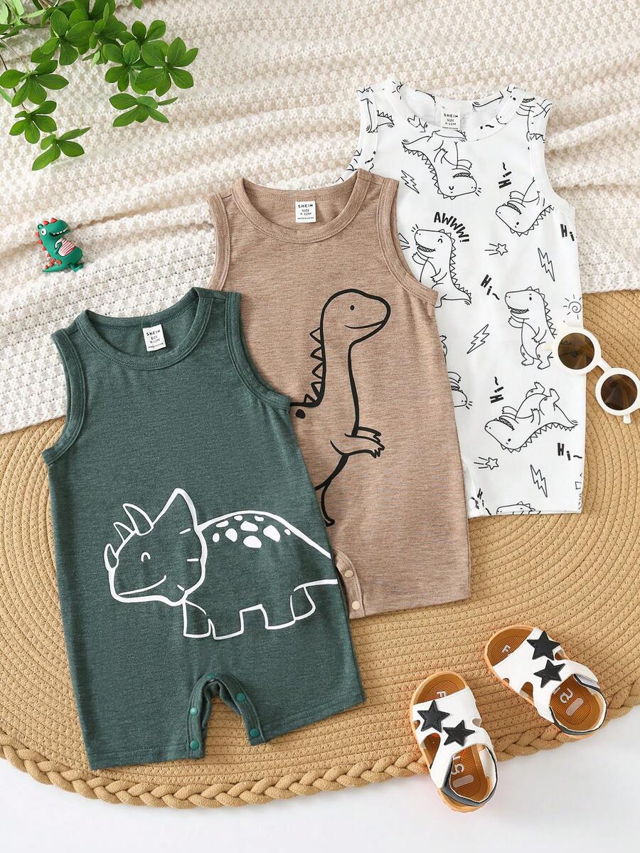 SHEIN 3pcs/Set Cute Dinosaur Print Sleeveless Romper & Shorts Set, Unisex Baby Boy/Girl Spring/Summer Clothes - Multicolor - View 1