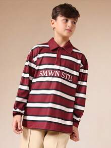 SUMWON Boys Long Sleeve Striped Rugby Polo Shirt With Collegiate Text Print And Classic Collar For Casual School Wear Vacation - Multicolor - View 1