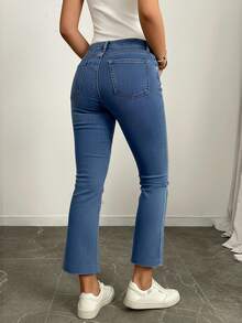 Elenzga 高腰修身口袋牛仔裤，时尚百搭，日常穿着 - 中等水洗藍 - 查看 2