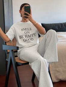 DAZY 女款字母印花寬鬆短袖上衣與長褲兩件式休閒套裝睡衣 - 灰色 - 查看 3