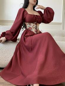 Feyla Váy dài tay họa tiết thêu Jacquard cổ điển kiểu Pháp mới - Màu Đỏ Sâu - Xem 1