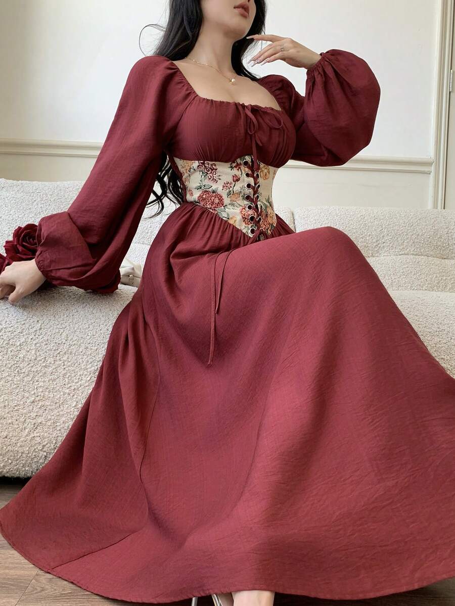 Feyla Váy dài tay họa tiết thêu Jacquard cổ điển kiểu Pháp mới - Màu Đỏ Sâu - Xem 1