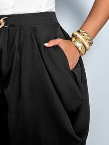 SOLERSUN 女士时尚休闲优雅宽松褶裥口袋纯色腰带细节西装裤通勤日常百搭四季 - 黑色 - 查看 3
