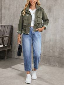 SHEIN PETITE Jeans casuales de talle alto con presillas para cinturón, de color azul claro, versátiles para uso diario - Azul - Ver 8