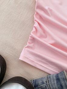 Teen Girls' White Knit Casual Minimalist Polka Dot Print Asymmetric Ruched Cropped Top, Suitable For Spring/Summer, Casual, Personalized Styling, Daily Wear - Pink - View 5