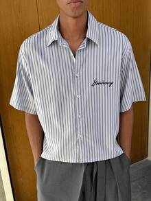 SWAVVY 男士休闲条纹短袖衬衫，夏季 - 淺灰色 - 查看 4