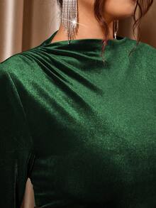 Cravure Vestido elegante de manga larga, ajustado y fruncido de unicolor para mujer de talla grande - Verde Oscuro - Ver 5