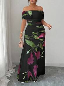 Modelyn 大码女式网纱印花露肩荷叶边连衣裙，优雅晚宴礼服 - 黑色 - 查看 4