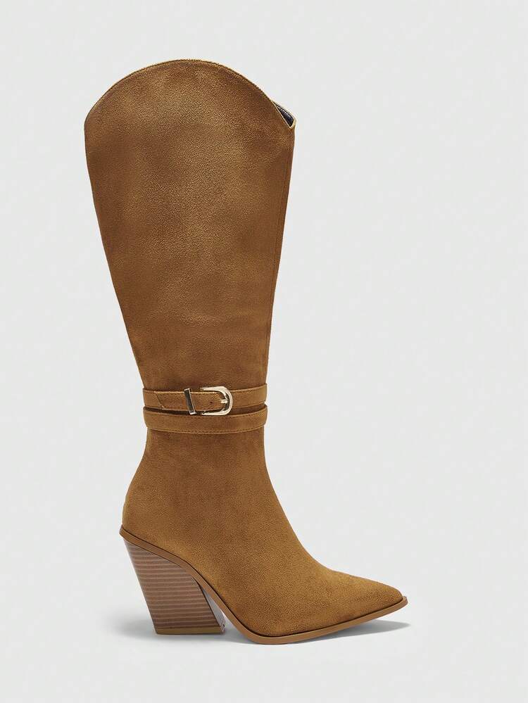 CUCCOO BIZCHIC Women's New Mid-Calf Boots, Western Style Boots, Brown, Minimalist Design, Versatile, Chunky Heel, Comfortable & Fashionable For Christmas