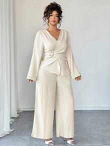 Elenzga Spring New V-Neck Flare Sleeve Waist Tie Metal Buckle Bowknot Back Women's 2-Piece Set, French Style Cross Tie Waist Fitted V-Neck Flare Sleeve Dress + High Waist Loose Wide Leg Pants, Classic Versatile, Suitable For Daily Wear, Commute, Holiday, Date, Party