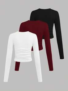SHEIN Slayr Bộ 3 áo thun nữ tay dài cổ tròn màu trơn đơn giản, tối giản, cỡ lớn, thích hợp cho mùa thu/đông - Nhiều màu - Xem 2
