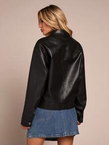 Glamine 女士黑色PU领夹克，女士黑色夹克，时尚百搭摩托车夹克 - 黑色 - 查看 2