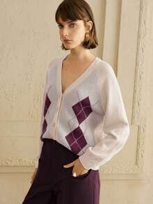 EMERY ROSE 女士宽松开衫，菱形图案设计，采用抓绒面料，休闲日常穿着 - 彩色 - 查看 11