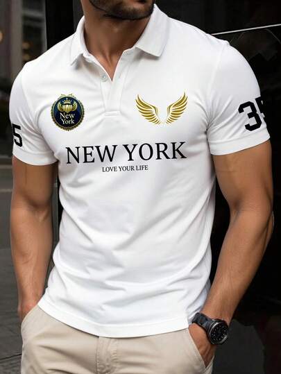 Manfinity Dauomo Men's Fashionable Polo Shirt, Standard Size, Letter & Number Print Design, Suitable For Commuting, Office Wear, Outdoor, Summer