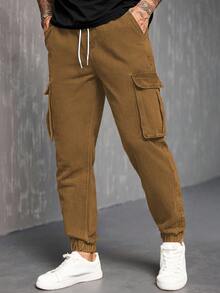 Manfinity Homme Men's Pocket Drawstring Waist Casual Workwear Versatile Daily Commute Jeans - Khaki - View 6