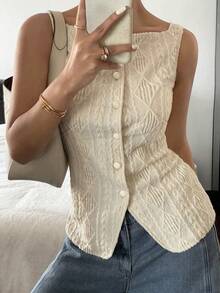 SHEIN PETITE CURVE 大码女式夏季几何纹理单排扣上衣，商务休闲奶油色上衣，优雅情人节、夏季、狂欢节女装、派对、海滩装扮 - 杏色 - 查看 8