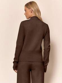 MUSERA Knit Funnel Neck Marl Zip Through Cardigan Only Winter Loungewear Cosy  Work Cute Elegant Casual  Chic Vacation Spring - Chocolate Brown - View 4
