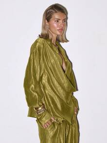 MUSERA Áo kiểu tay dài xếp ly, cổ đổ, chữ V, dáng suông, thích hợp mặc đi chơi tối, dạo phố, gợi cảm, thanh lịch, dễ thương, phong cách Mirage, mùa xuân hè. - Màu xanh Ô liu - Xem 3