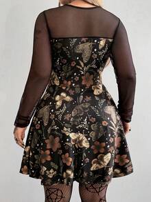 Whyspr 大码女装新款圆领复古休闲学院风暗黑朋克风印花拼接网纱缎带装饰A字长袖连衣裙，适合日常穿着、办公室、感恩节、新年派对、万圣节、度假、返校、节日、生日派对、音乐节、情人节、春夏等场合。 - 彩色 - 查看 2