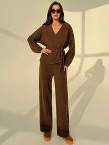 Aloruh 简约通勤咖啡色系带泡泡袖开衫+阔腿针织裤休闲套装，适合秋冬季办公室穿着。 - 咖啡棕 - 查看 4