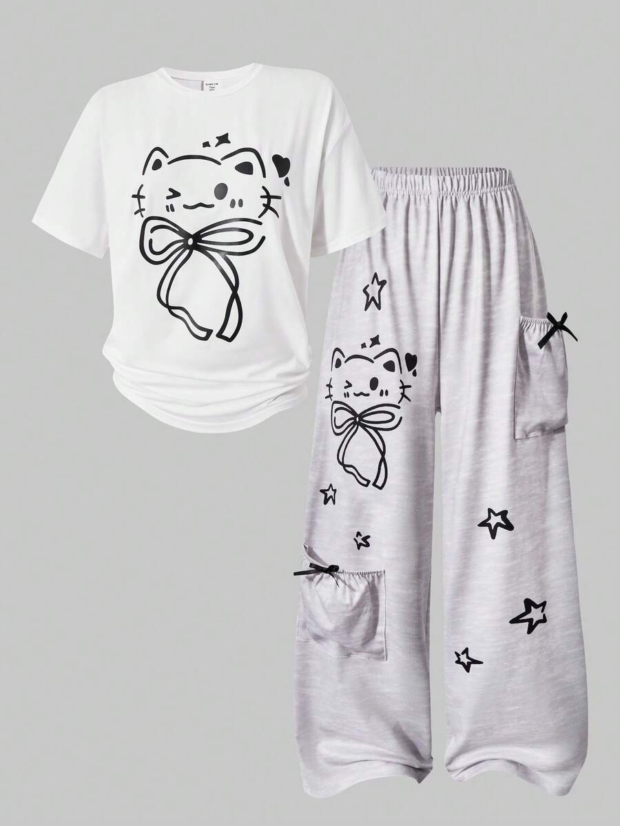SHEIN ChillGRL 2件套少女可爱猫咪图案圆领T恤和阔腿裤套装 - 彩色 - 查看 1