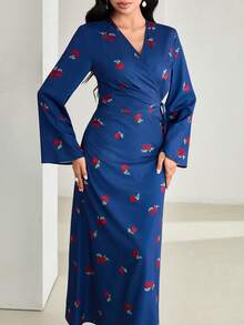 Veilorie Women's V-Neck Floral Print Overlap Flare Sleeve Modest Elegant Vacation Dress - Multicolor - View 2