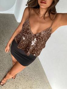 Aloruh 女士性感时尚荷叶边亮片吊带背心 - 棕色 - 查看 6