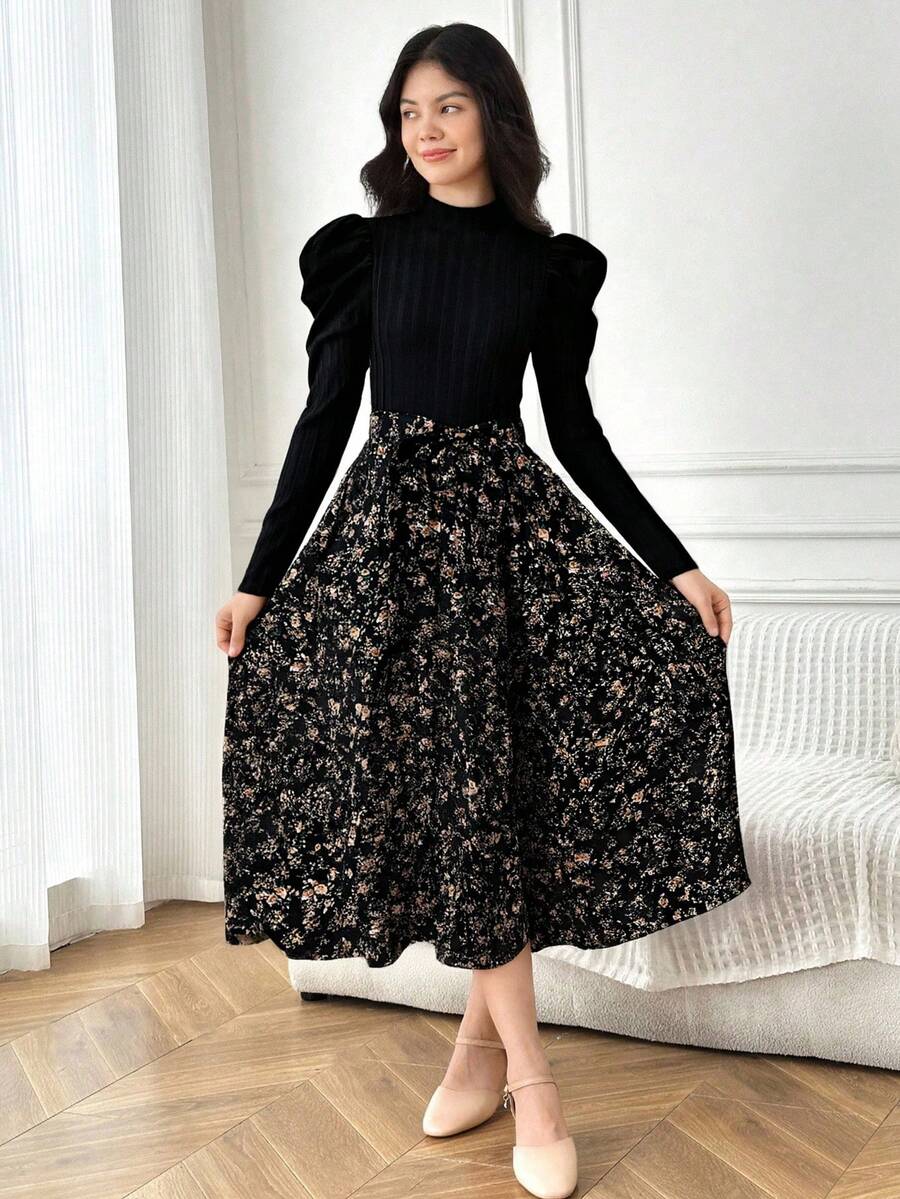 SHEIN 少女黑色波西米亚风针织圆领长袖拼接碎花连衣裙,适合秋冬季节、春季郊游度假,田园风,法式优雅连衣裙 - 黑色 - 查看 1