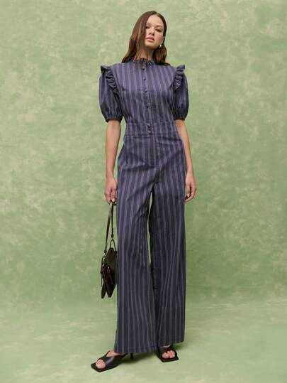 Nöista Pinstripe Jumpsuit With Ruffled Collar, Puff Sleeves, And Wide-Leg Silhouette-Polished, Feminine, And Effortlessly Chic Ideal For Carnival, Spring Summer Casual Occasion.