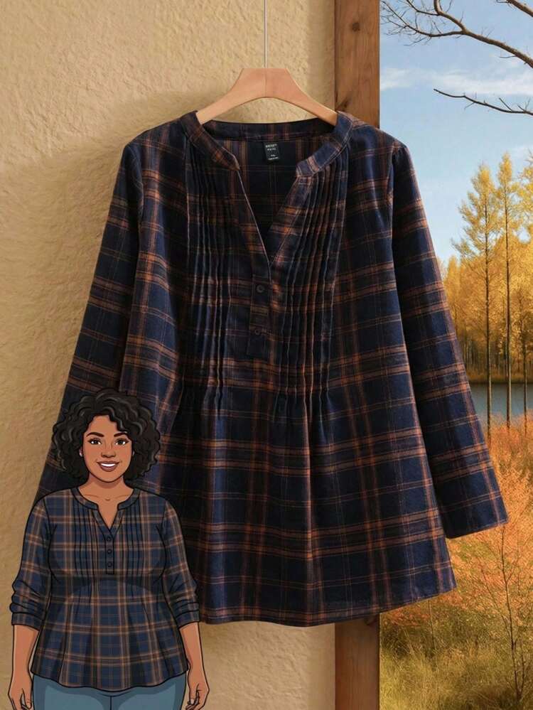 Plus Size Women's Plaid Printed Simple Daily Long Sleeve Shirt,Spring/Summer/Vacation